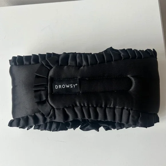 Drowsy Sleep in the City Silk Sleep Eye Mask Women Black Ruffle Blackout Travel - Picture 2 of 10